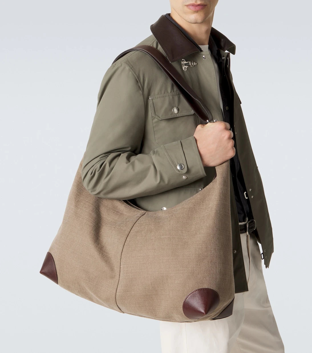 Brunello Cucinelli - حقيبة كتف قماشية بحواف جلدية