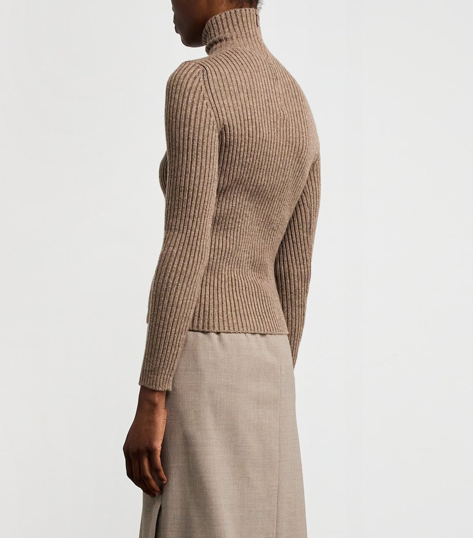 Max Mara Beige Wool-Blend Ribbed High-Neck Sweater