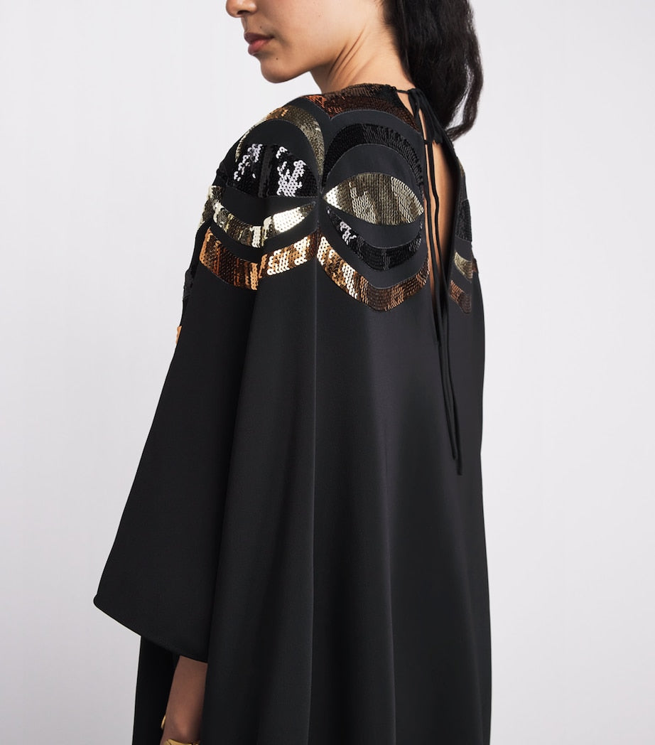 Black Crepe Sequin-Embellished Maxi Kaftan Dress