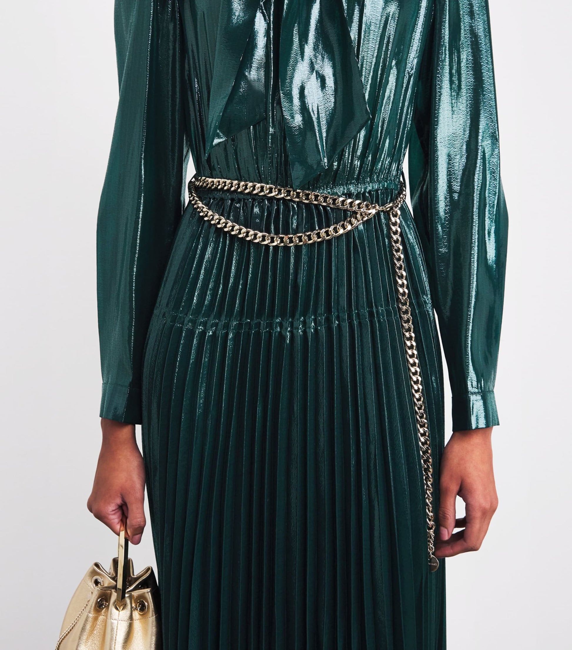 Self-Portrait Green Metallic Pussybow Maxi Dress