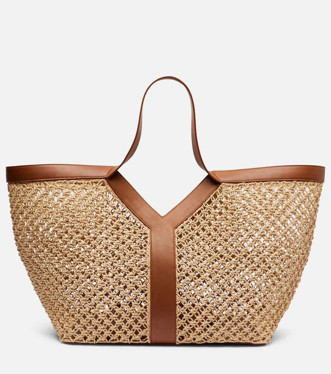 Saint Laurent - Y leather-trimmed raffia tote bag