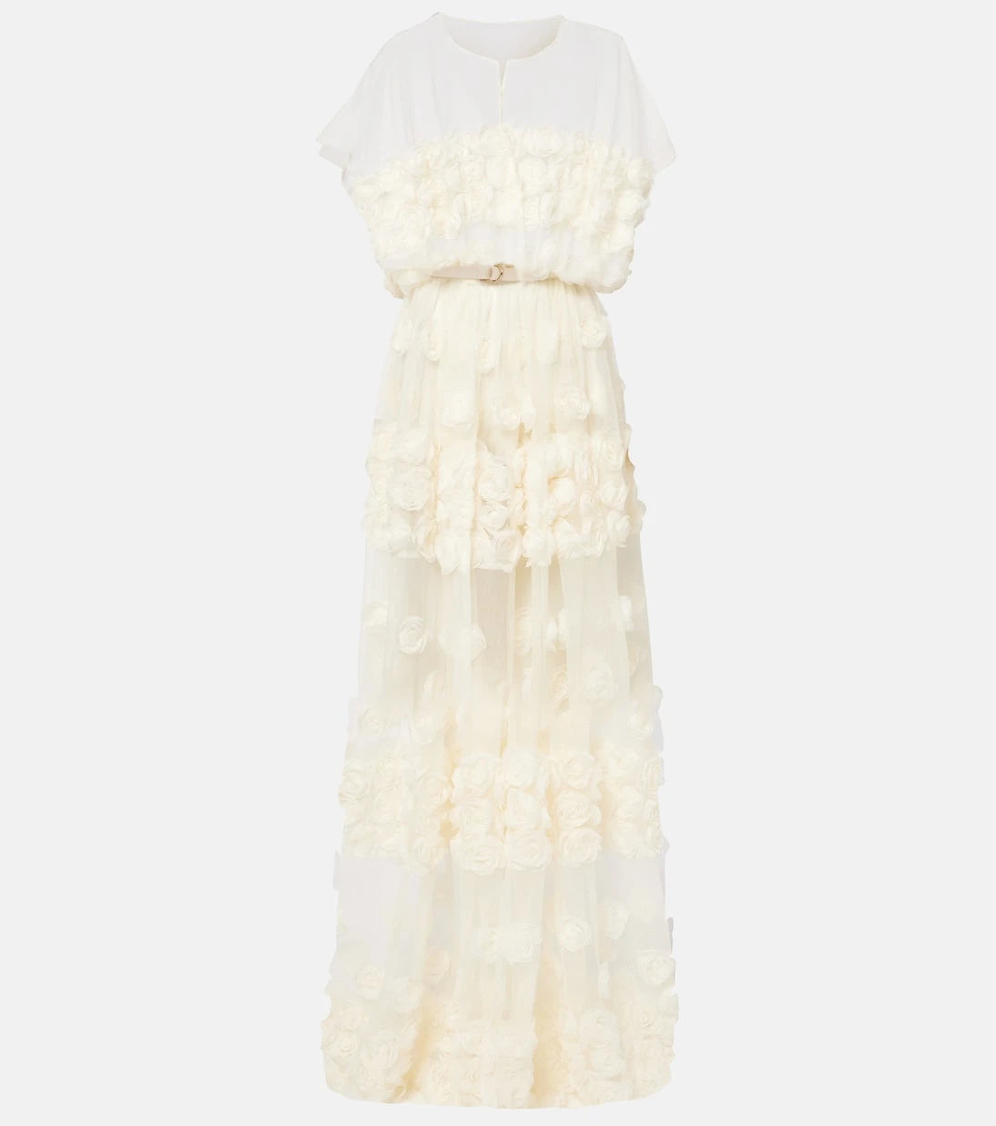 Norma Kamali - Floral-appliqué belted sheer gown