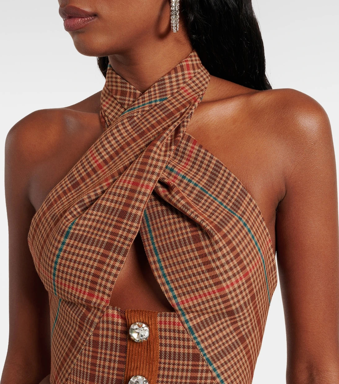 Area - Checked halterneck wool-blend top