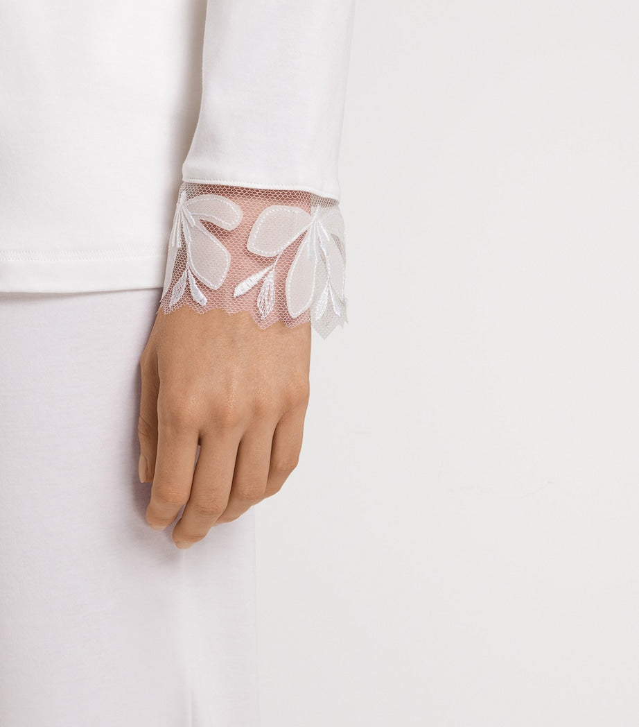 Hanro Ivory Cotton Lace-Trim Pyjama Set