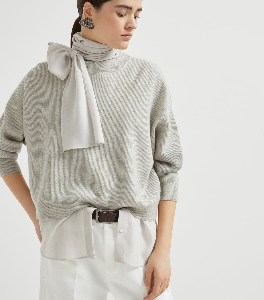 Grey Cashmere Sweater and Pussybow Blouse