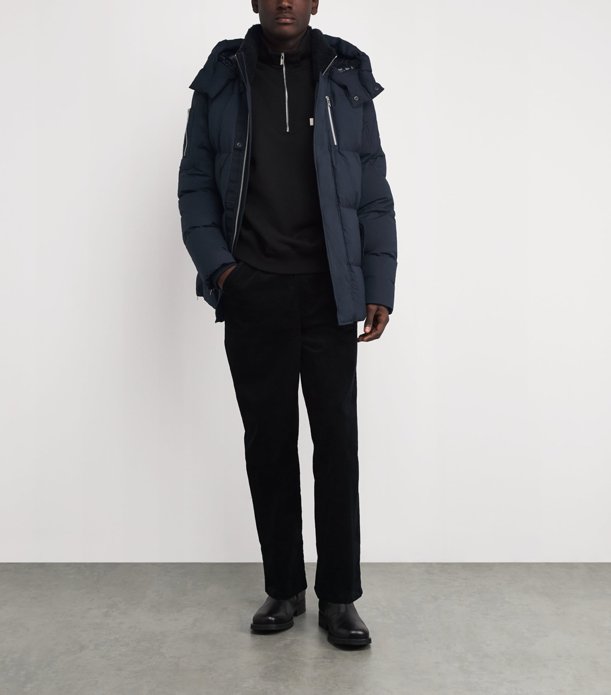 Moose Knuckles Navy Down Shearling-Trim 3Q Jacket
