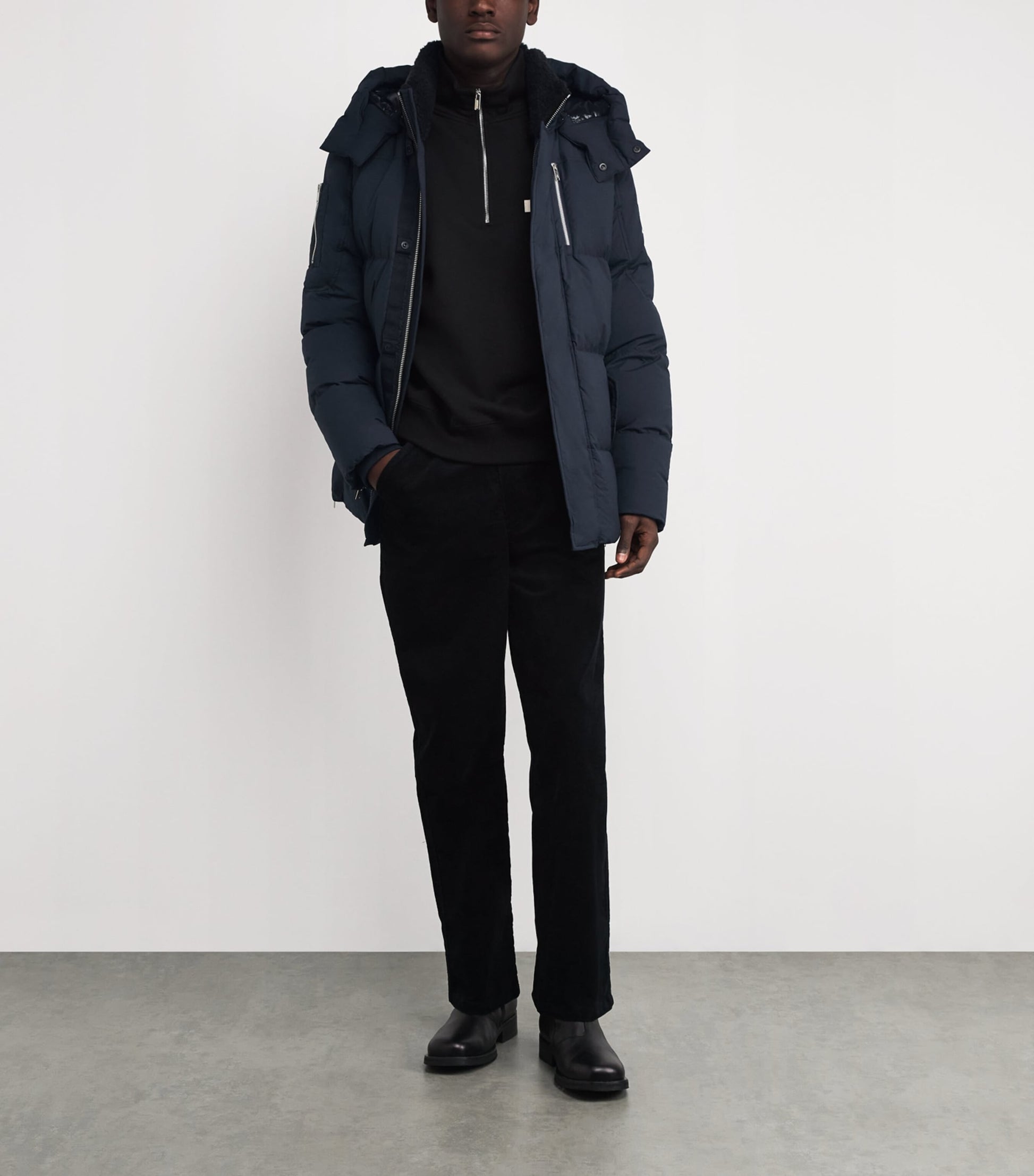 Moose Knuckles Navy Down Shearling-Trim 3Q Jacket