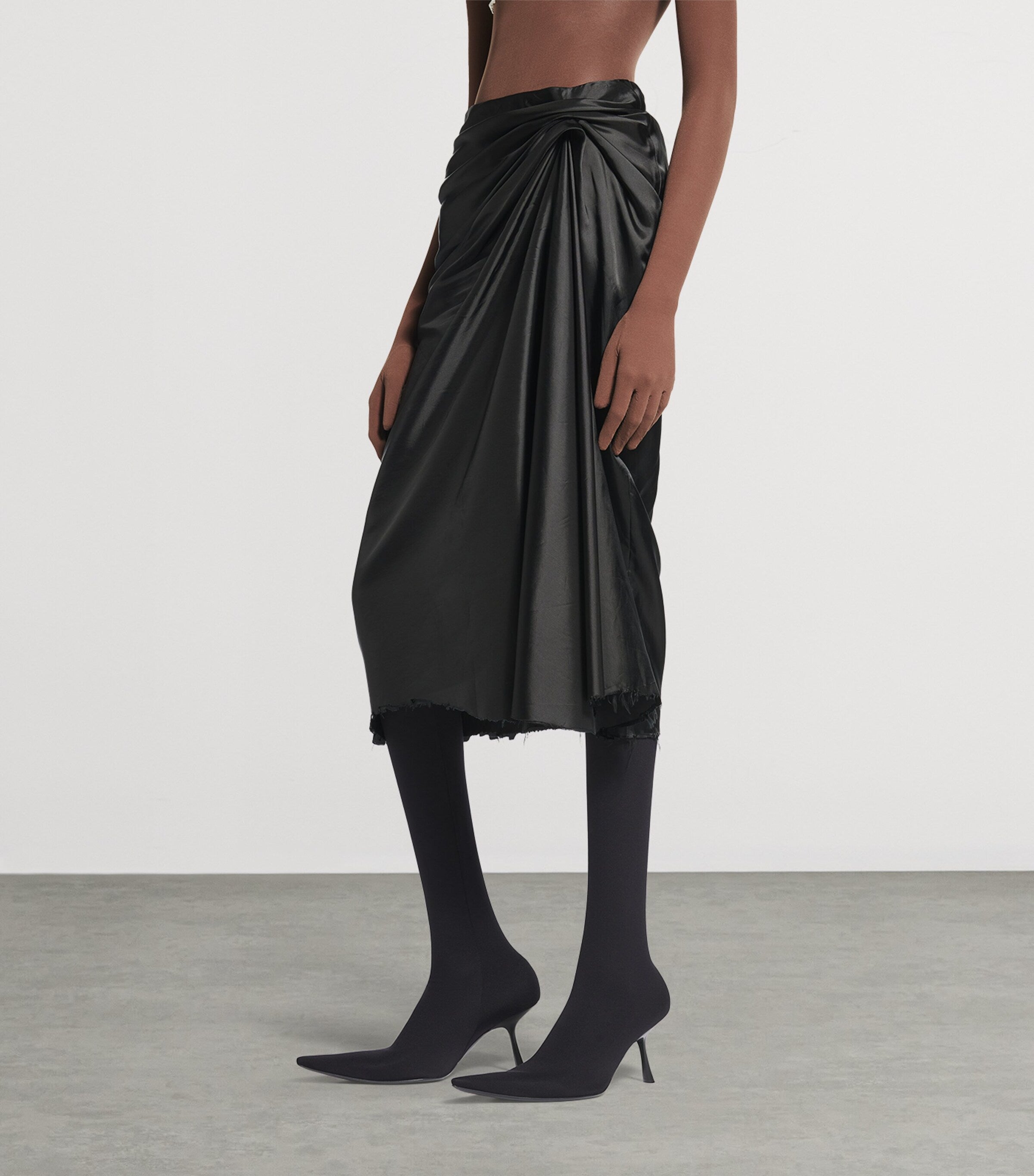 Balenciaga Black Satin Gathered Midi Skirt