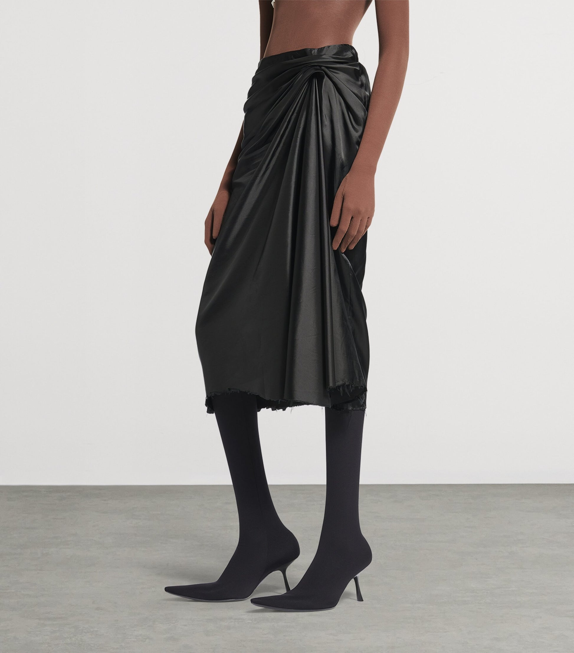 Balenciaga Black Satin Gathered Midi Skirt
