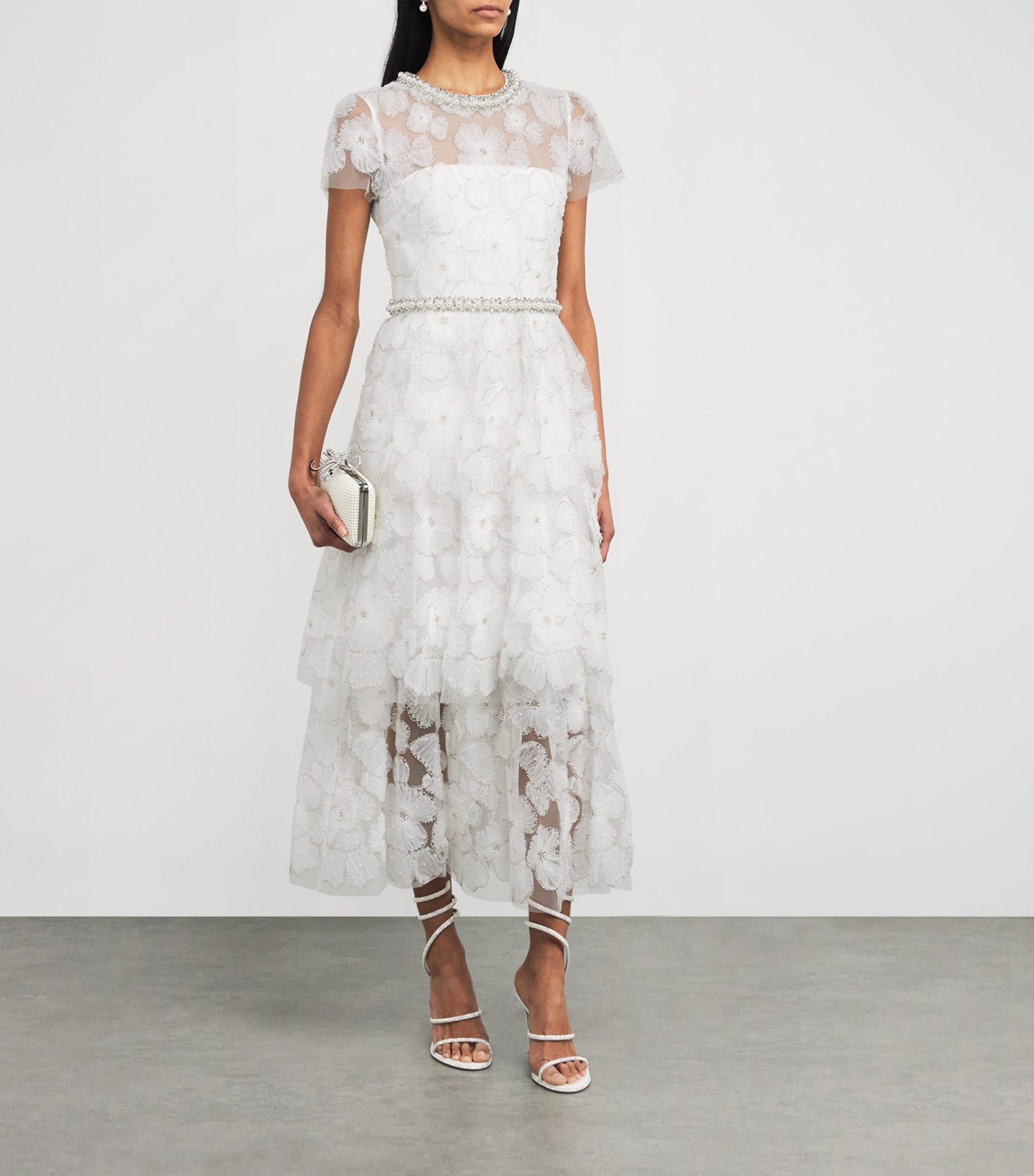 Self-Portrait White Tulle Embellished Tiered Midi Dress