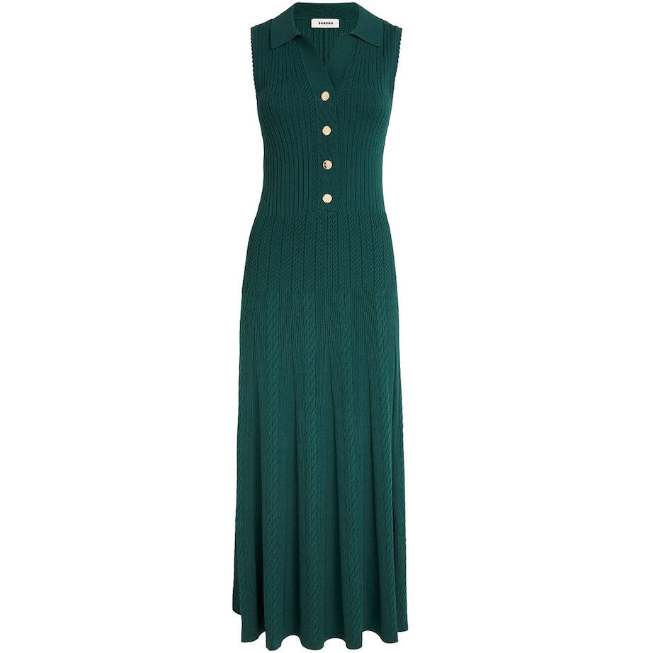 Sandro Paris Green Cable Knit Polo Maxi Dress