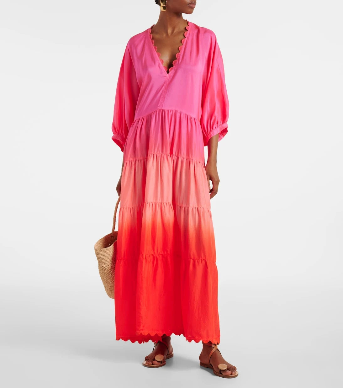 Juliet Dunn - Scalloped tiered silk maxi dress