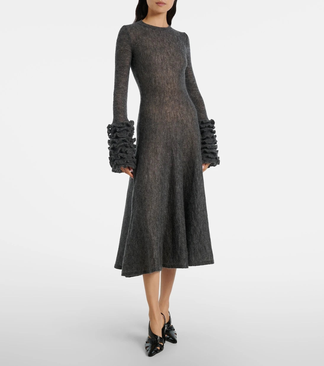 Alaïa - فستان ميدي بتصميم مكشكش من مزيج الموهير والصوف