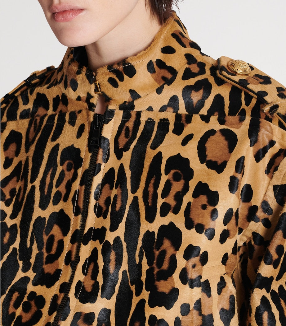Balmain Brown Suede Leopard Print Bomber Jacket