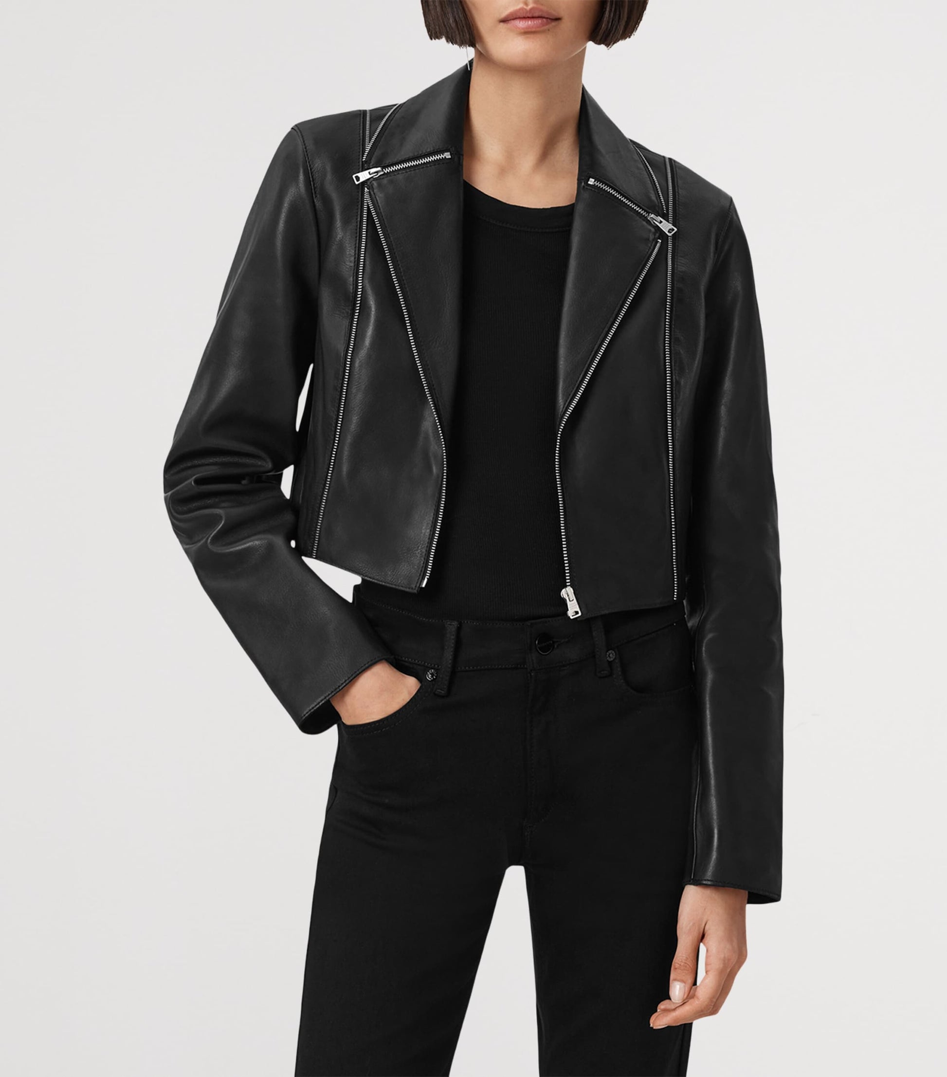 AllSaints Black Cropped Landers Leather Jacket