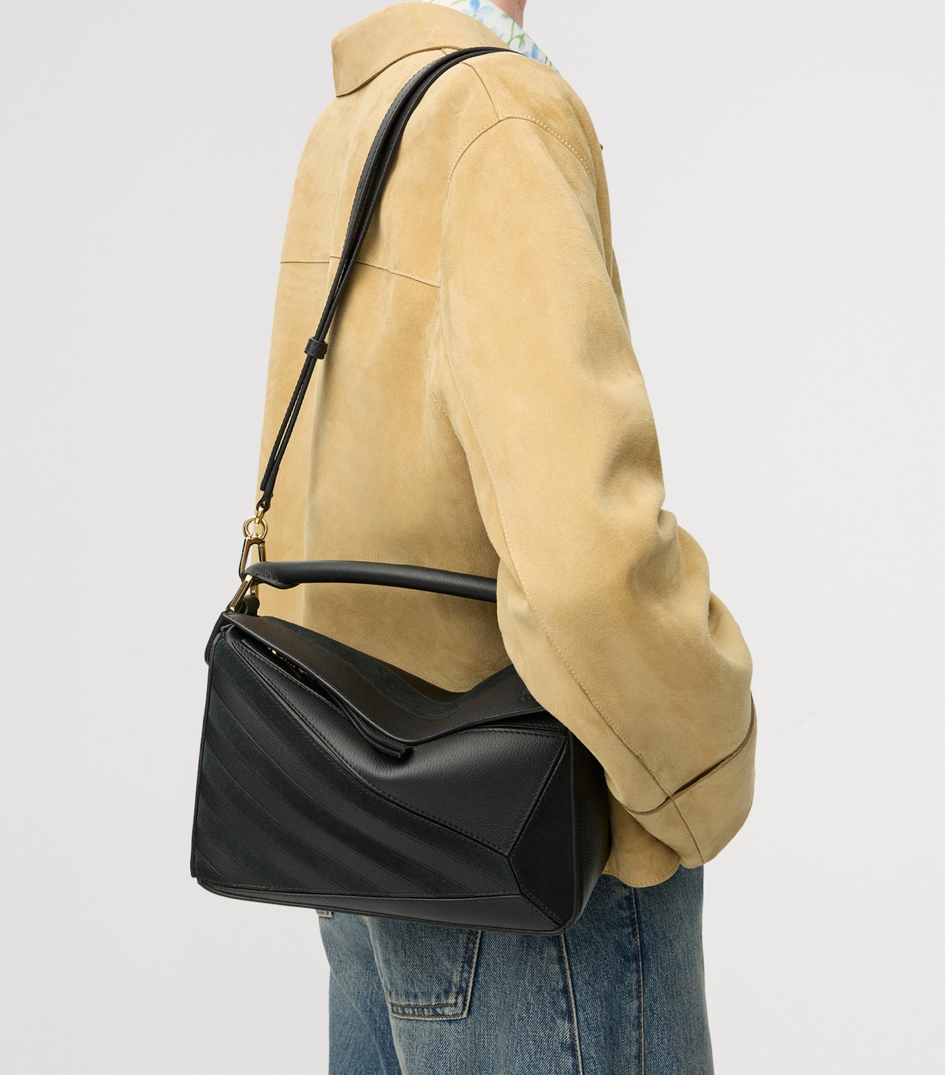 Small Leather Stripe Puzzle Edge Top-Handle Bag