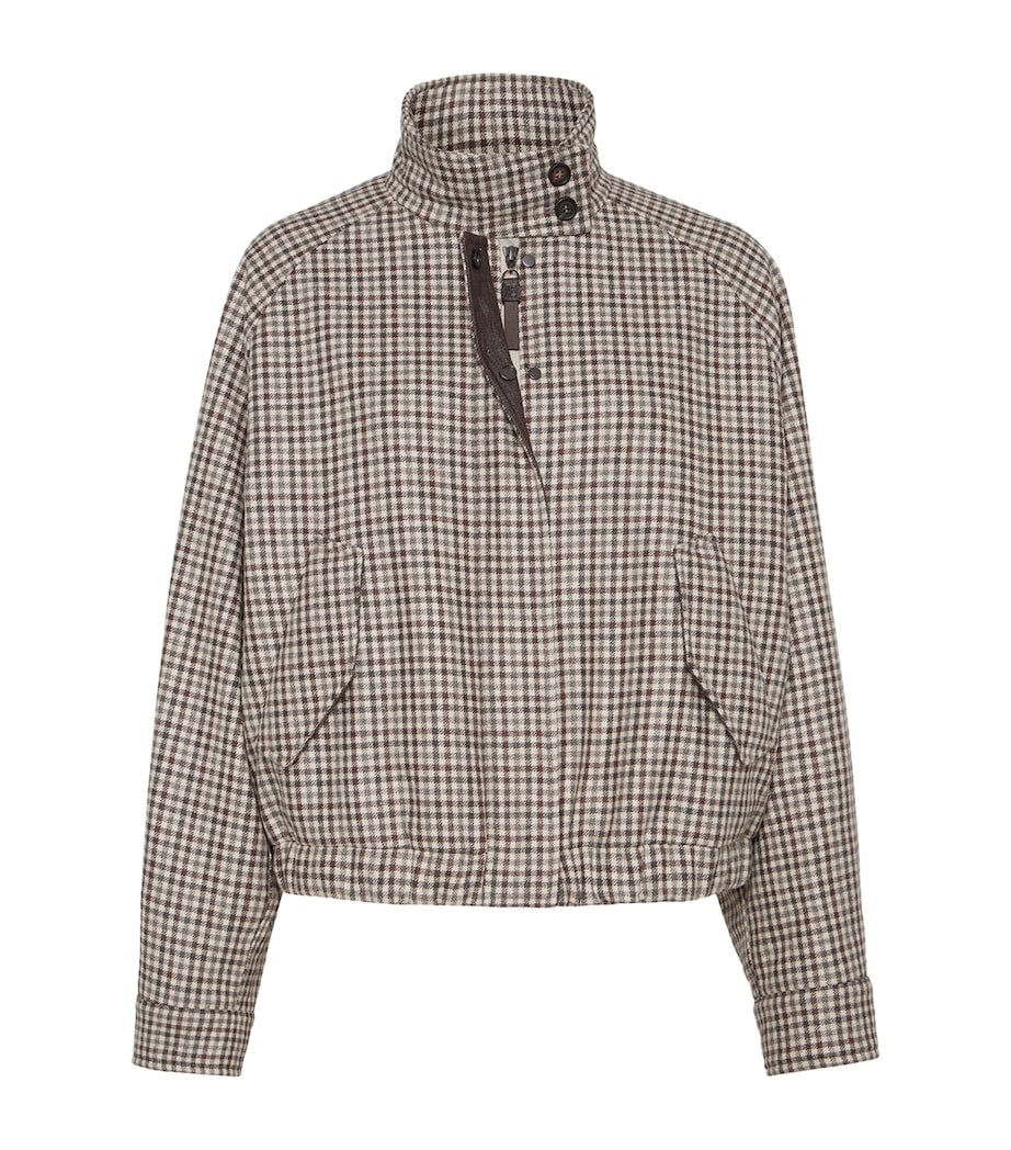 Brunello Cucinelli Brown Virgin Wool Check Bomber Jacket