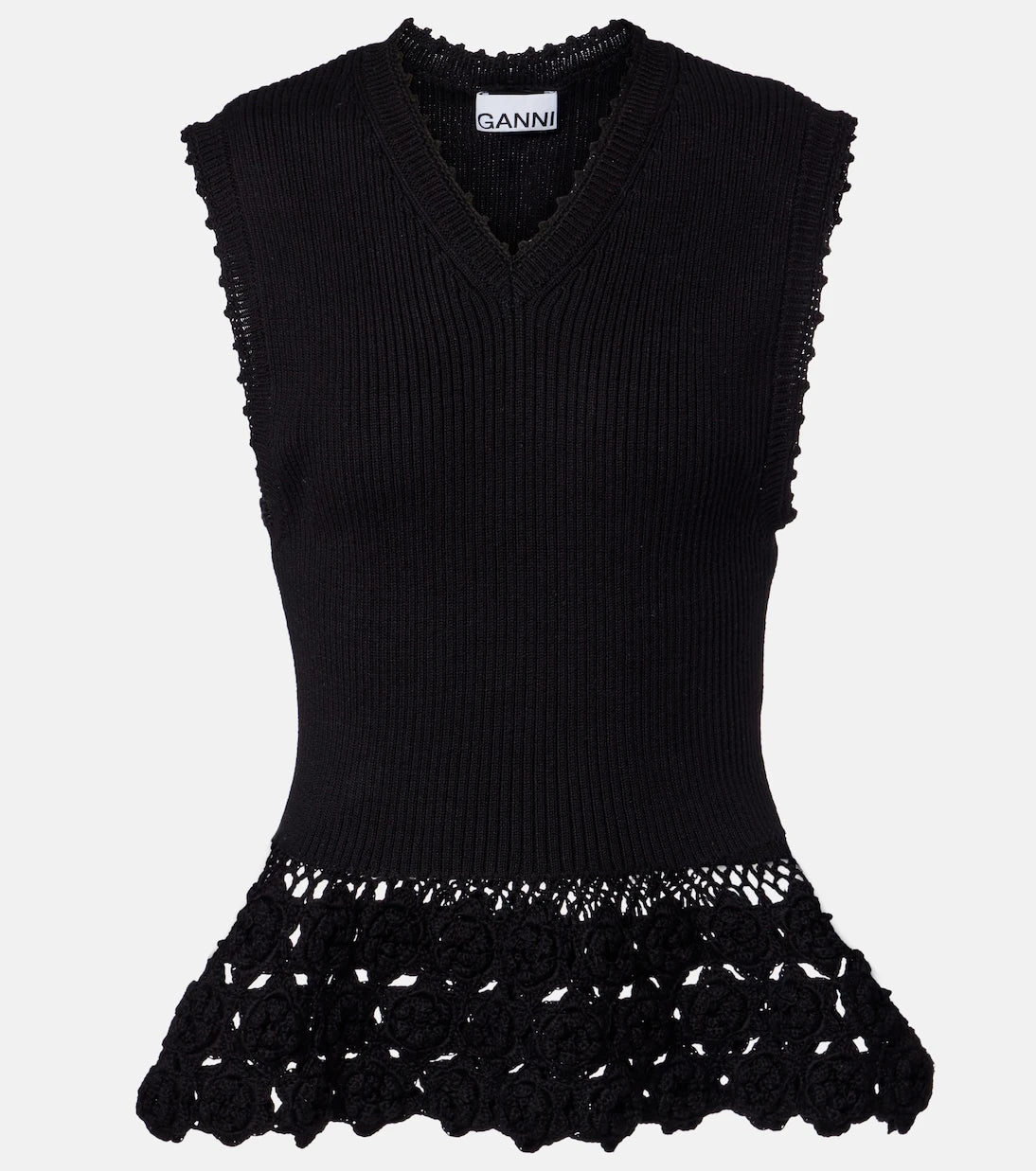 Ganni - Crochet-trimmed ribbed cotton-blend top