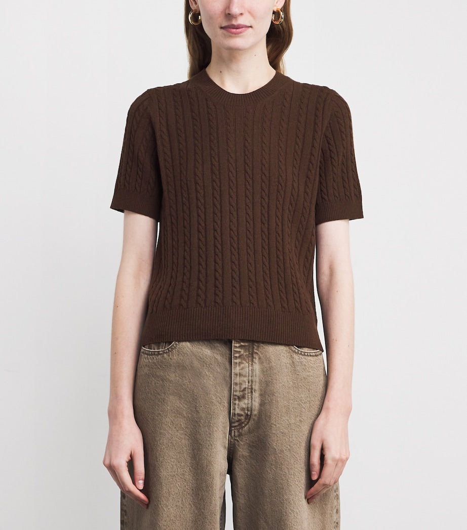 ME+EM Brown Merino Wool-Cashmere Cable-Knit T-Shirt