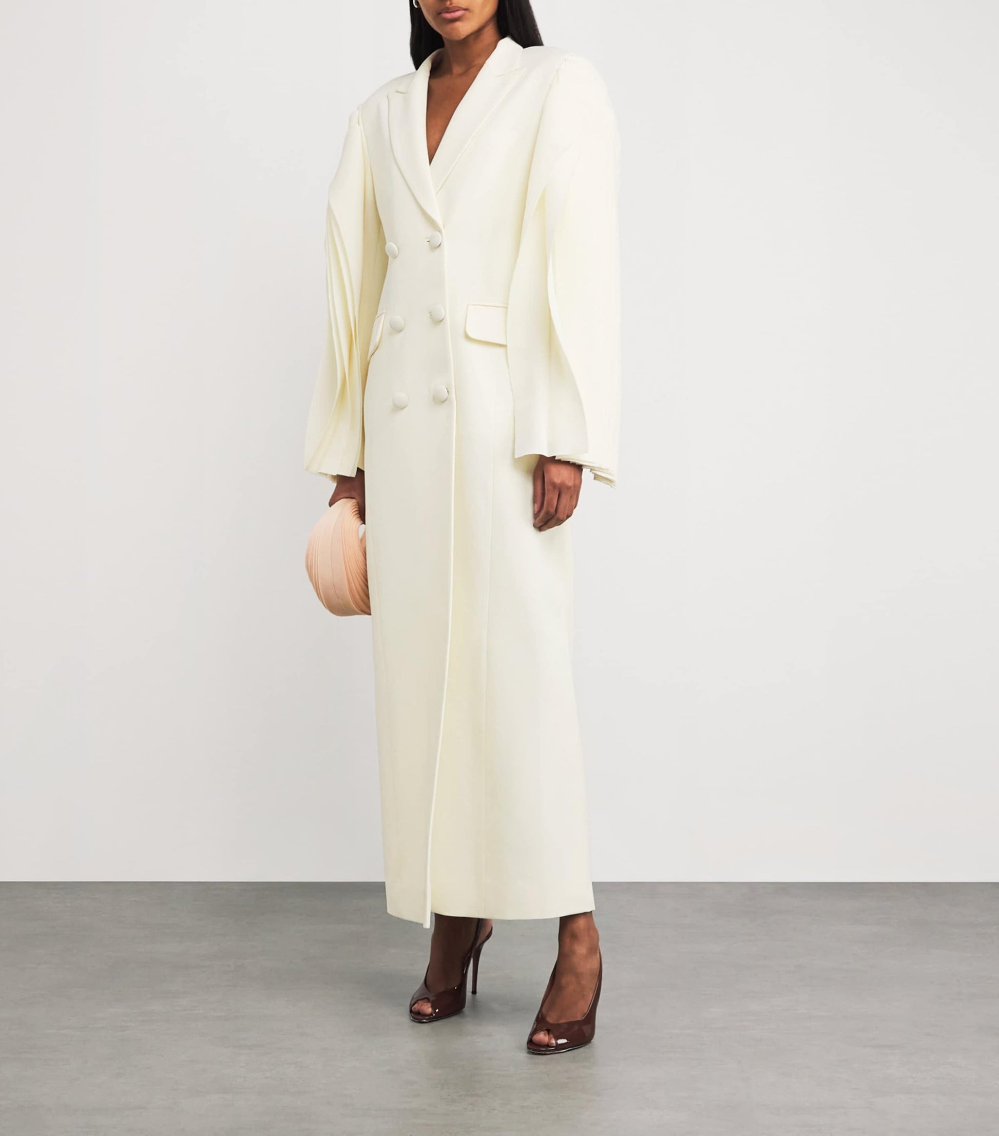 Yasmin Mansour Ivory Pleated Double-Breasted Blazer Maxi Dress