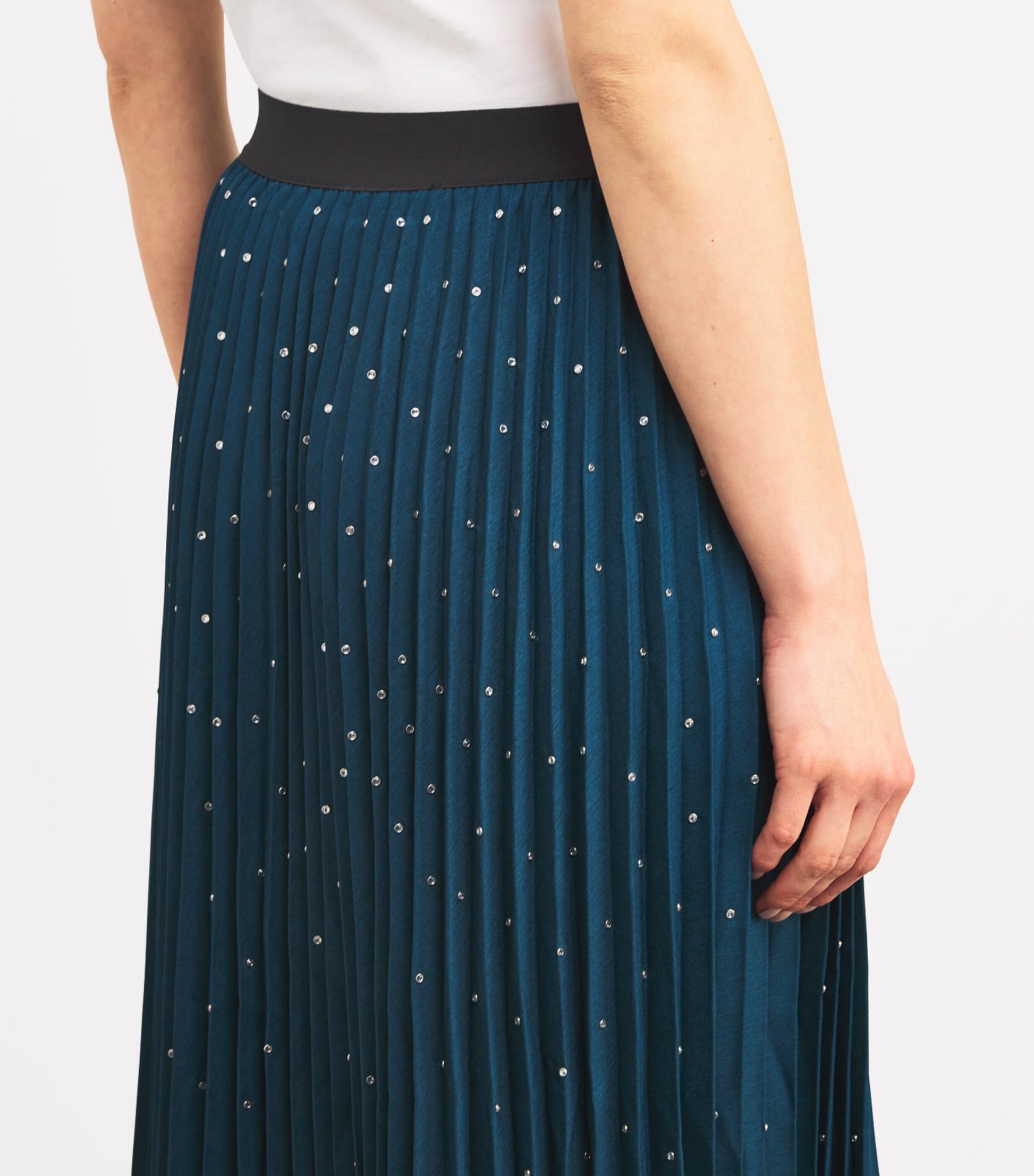 Blue Rhinestone Pleated Midi Skirt