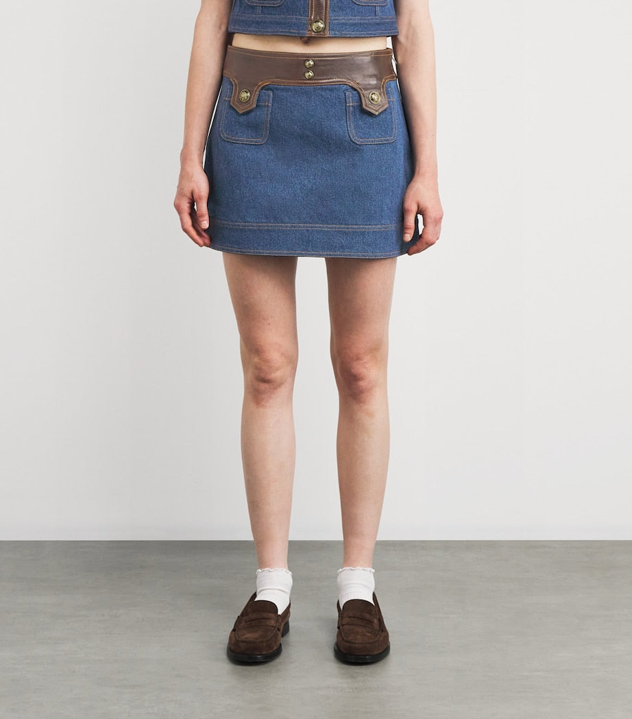 Sandro Paris Blue Denim Contrast-Trim Skirt