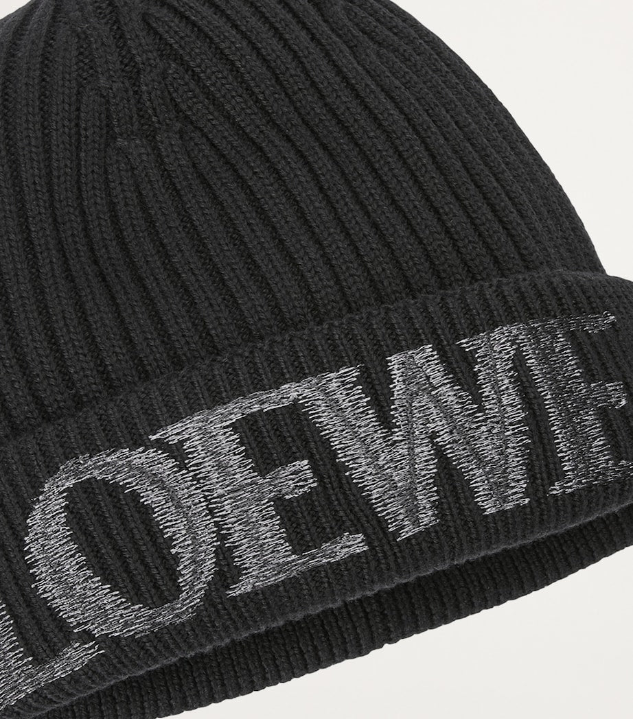 Black Wool Embroidered-Logo Beanie
