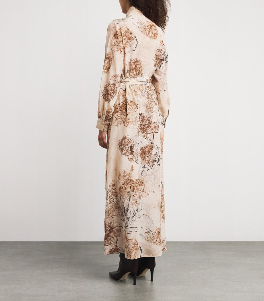 Eleventy Beige Silk Printed Pussybow Maxi Dress