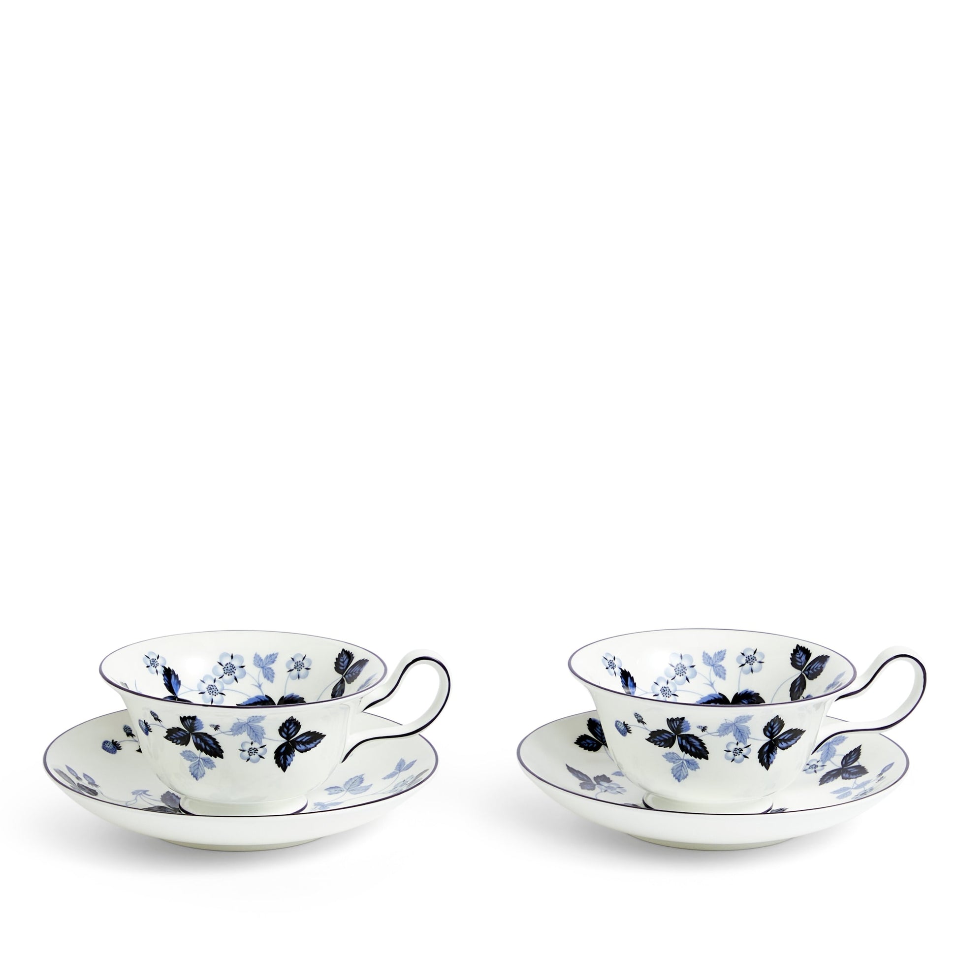 Set of 2 Wild Strawberry Inky Blue Teacups and Saucers