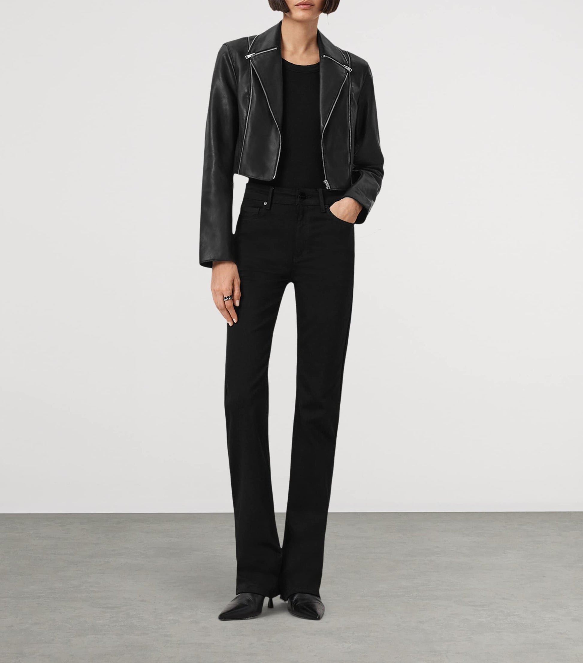 AllSaints Black Cropped Landers Leather Jacket