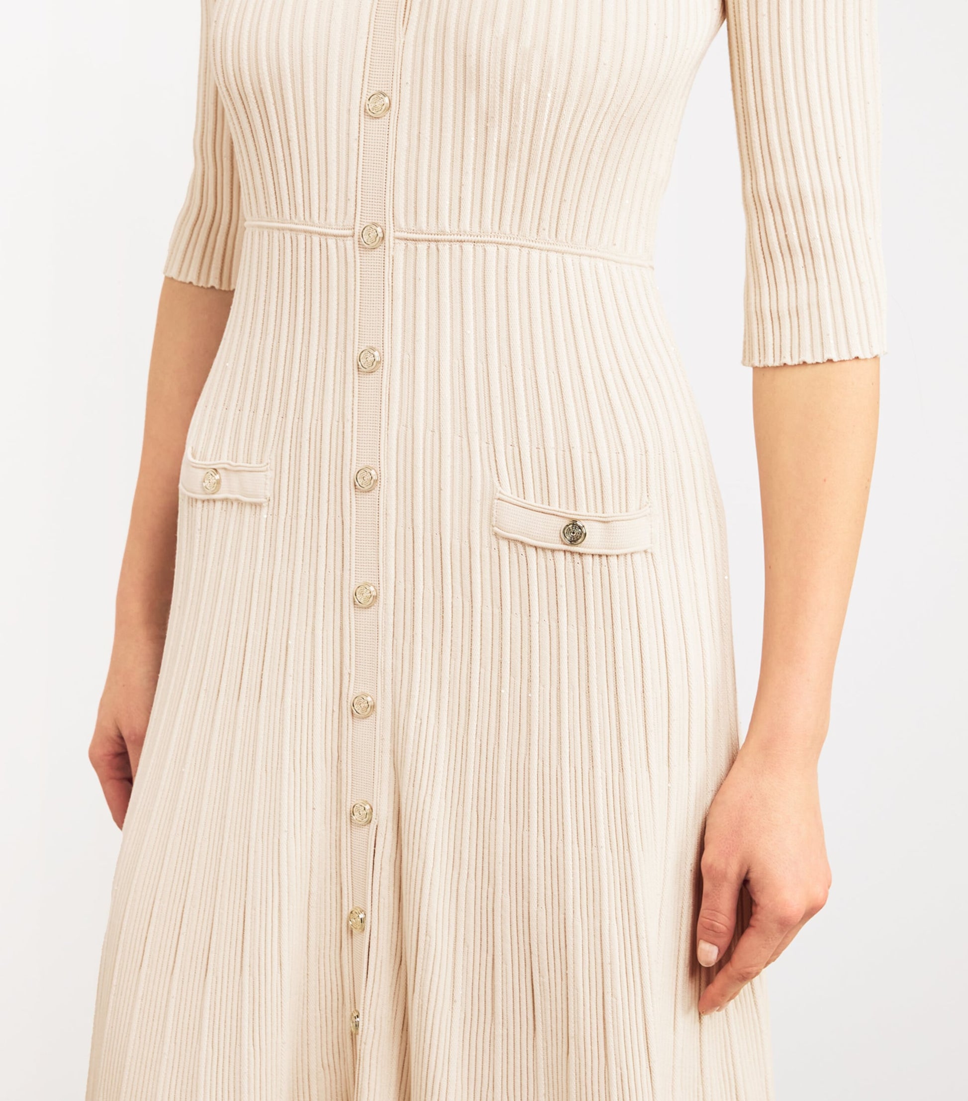 Neutral Sequinned Ribbed Midi Dress