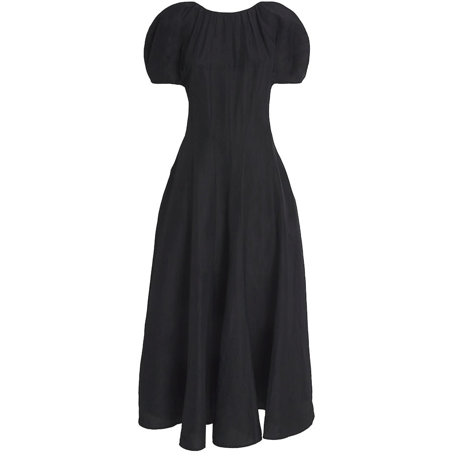 Black Balloon-Sleeve Midi Dress