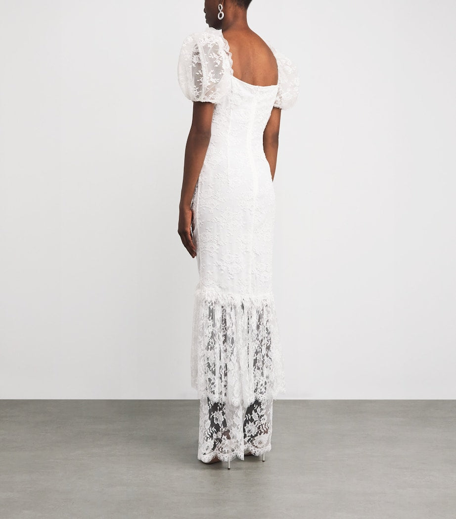 Alessandra Rich White Lace Rose-Detail Maxi Dress