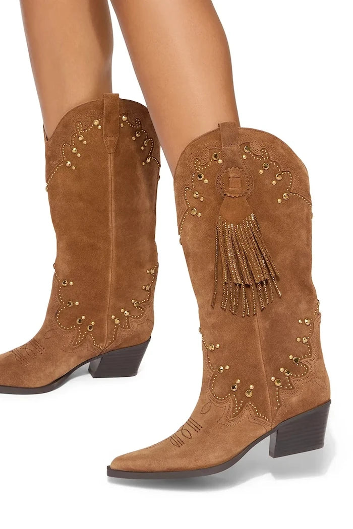 Kurt Geiger London kadın süet kovboy çizmeleri Oxford Western Tassel