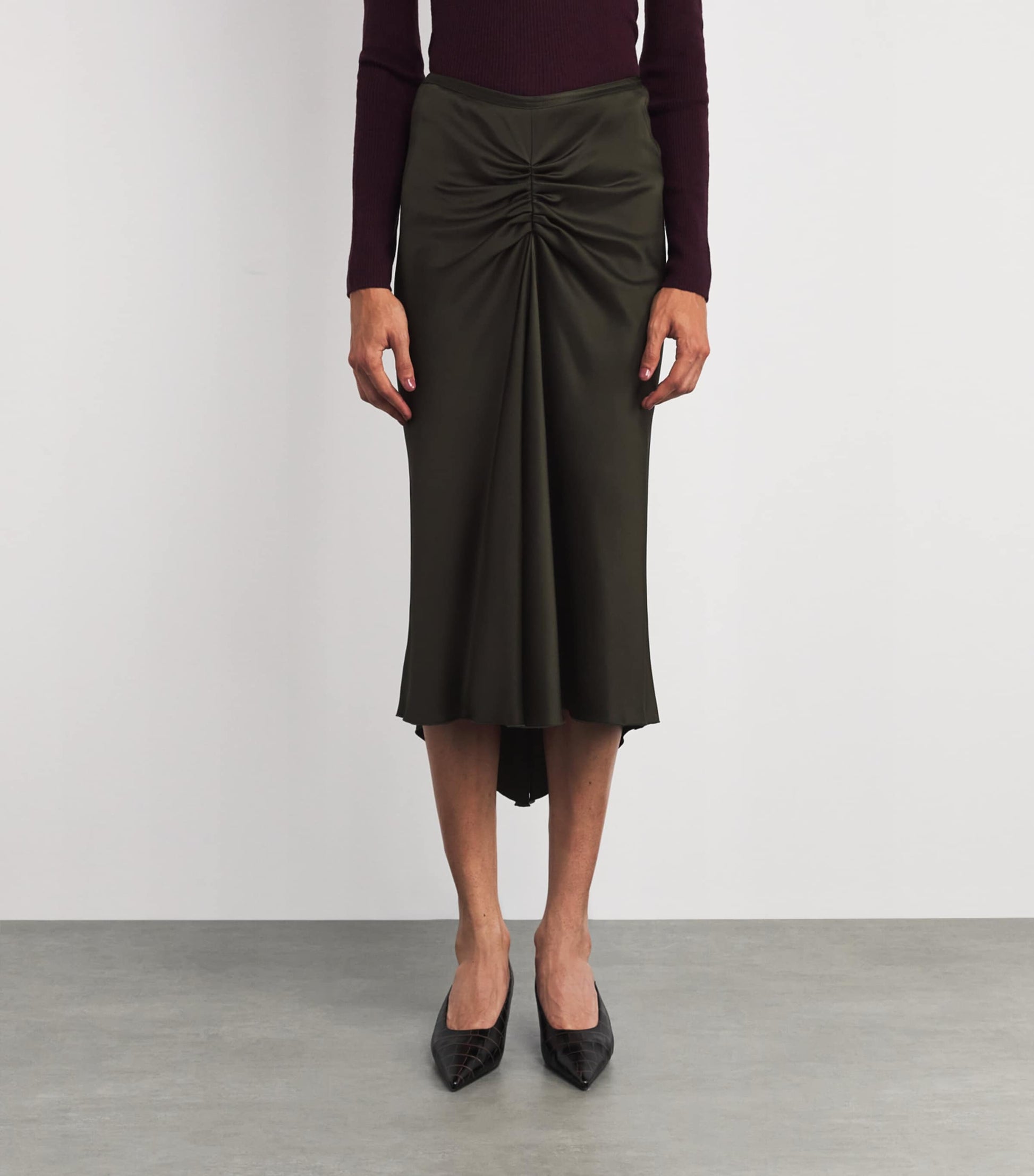 Satin Gathered Waist Midi Skirt