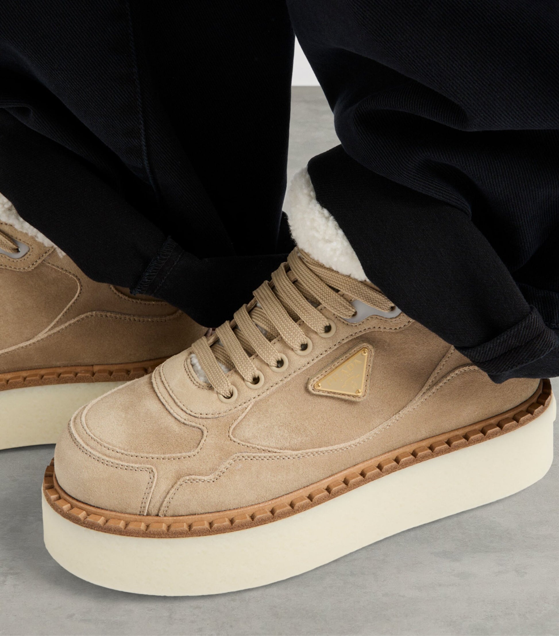 Prada Neutral Suede Shearling Platform Sneakers