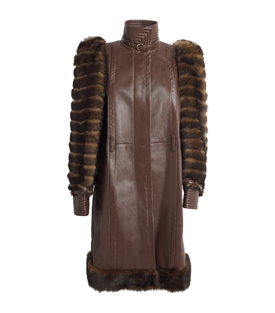 Chloé Brown Leather Fur-Trim Coat