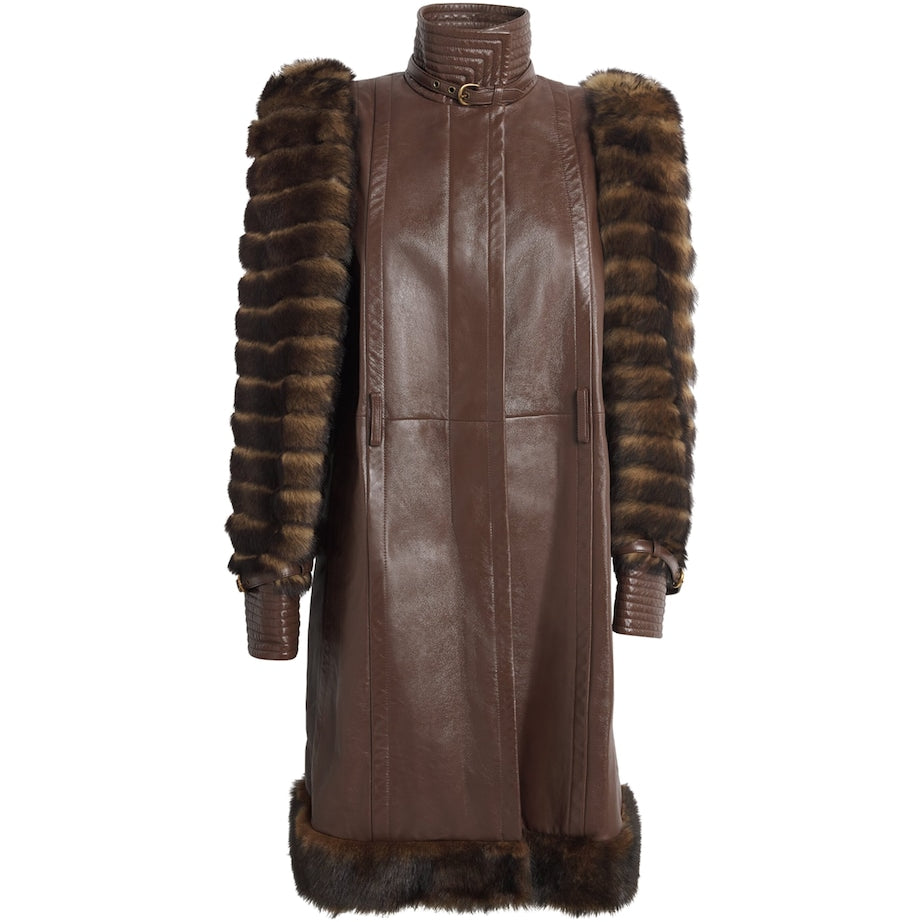 Chloé Brown Leather Fur-Trim Coat