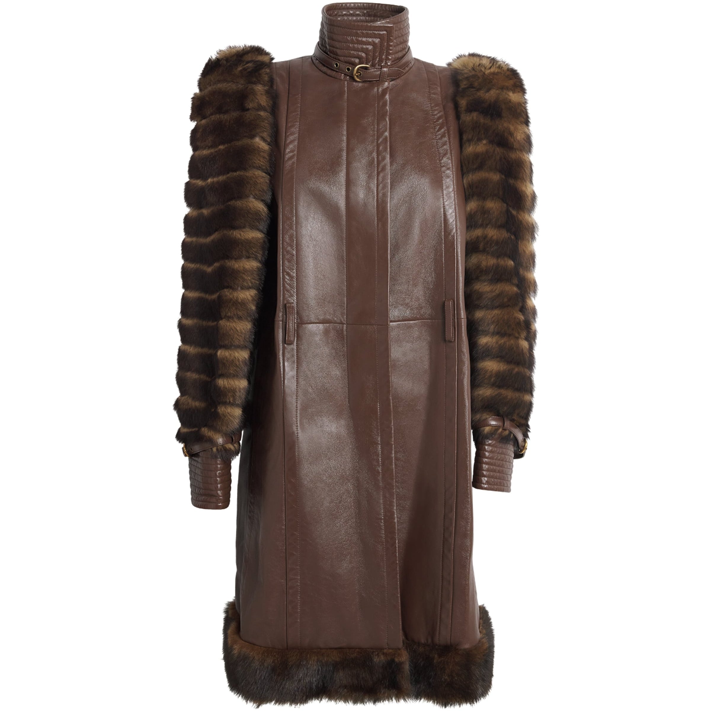 Chloé Brown Leather Fur-Trim Coat