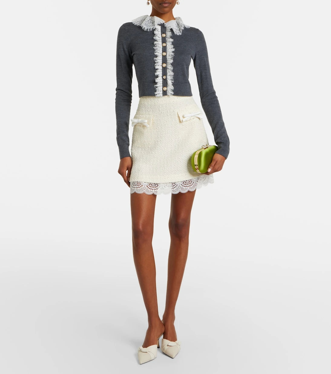 Self-Portrait - Lace-trimmed wool cardigan