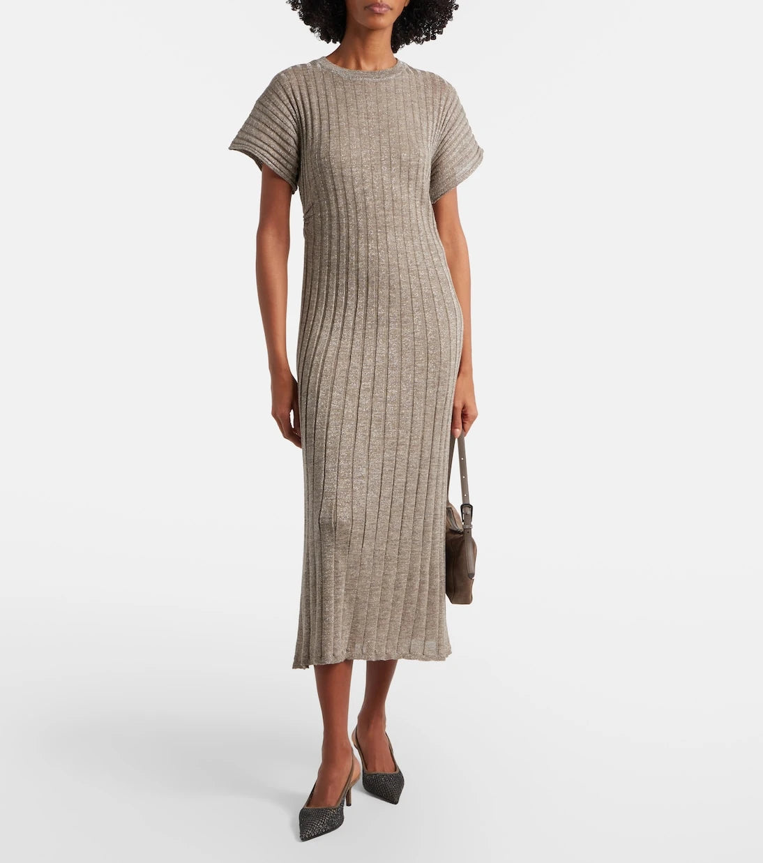 Brunello Cucinelli - Ribbed-knit lamé midi dress