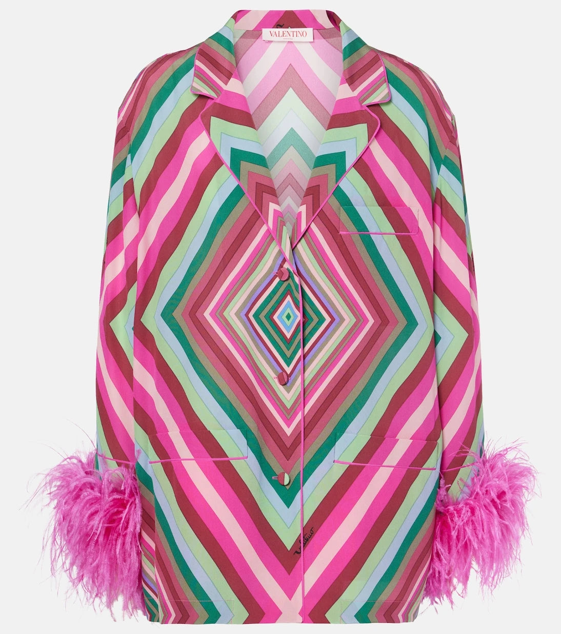 Valentino - Rhombus 75 feather-trimmed crêpe de chine top