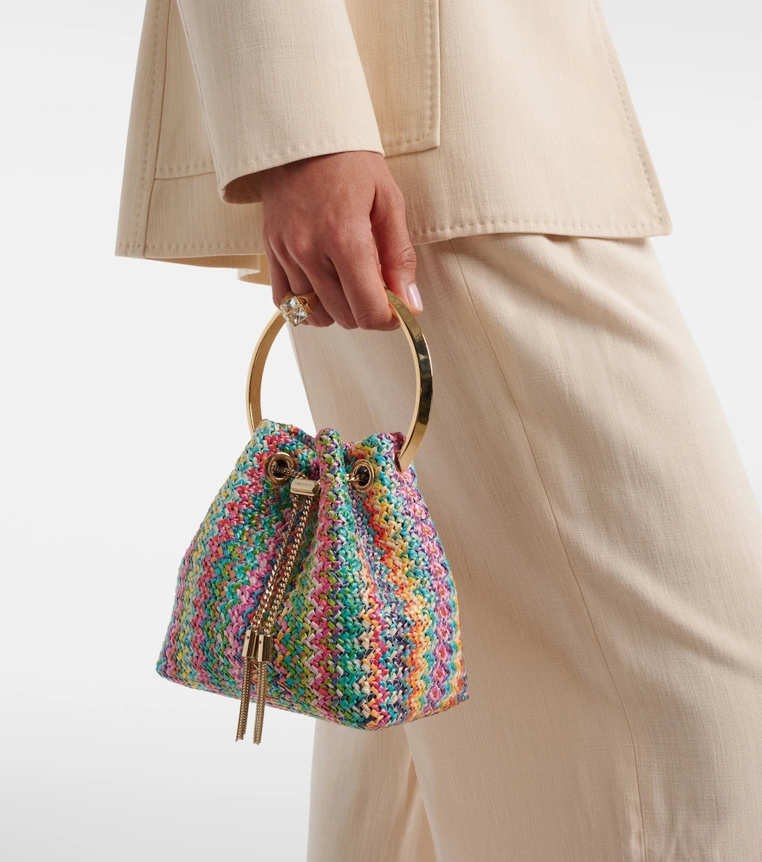 Jimmy Choo - Bon Bon Small raffia-effect bucket bag