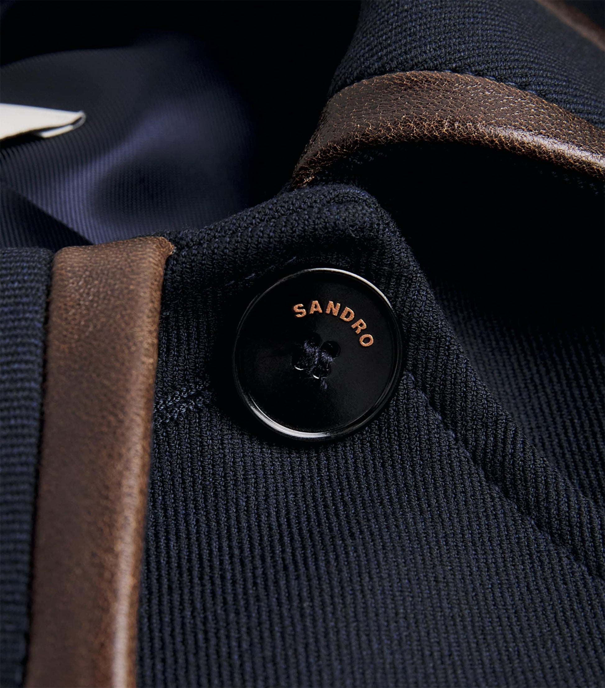 Twill Leather-Trim Coat NAVY BLUE