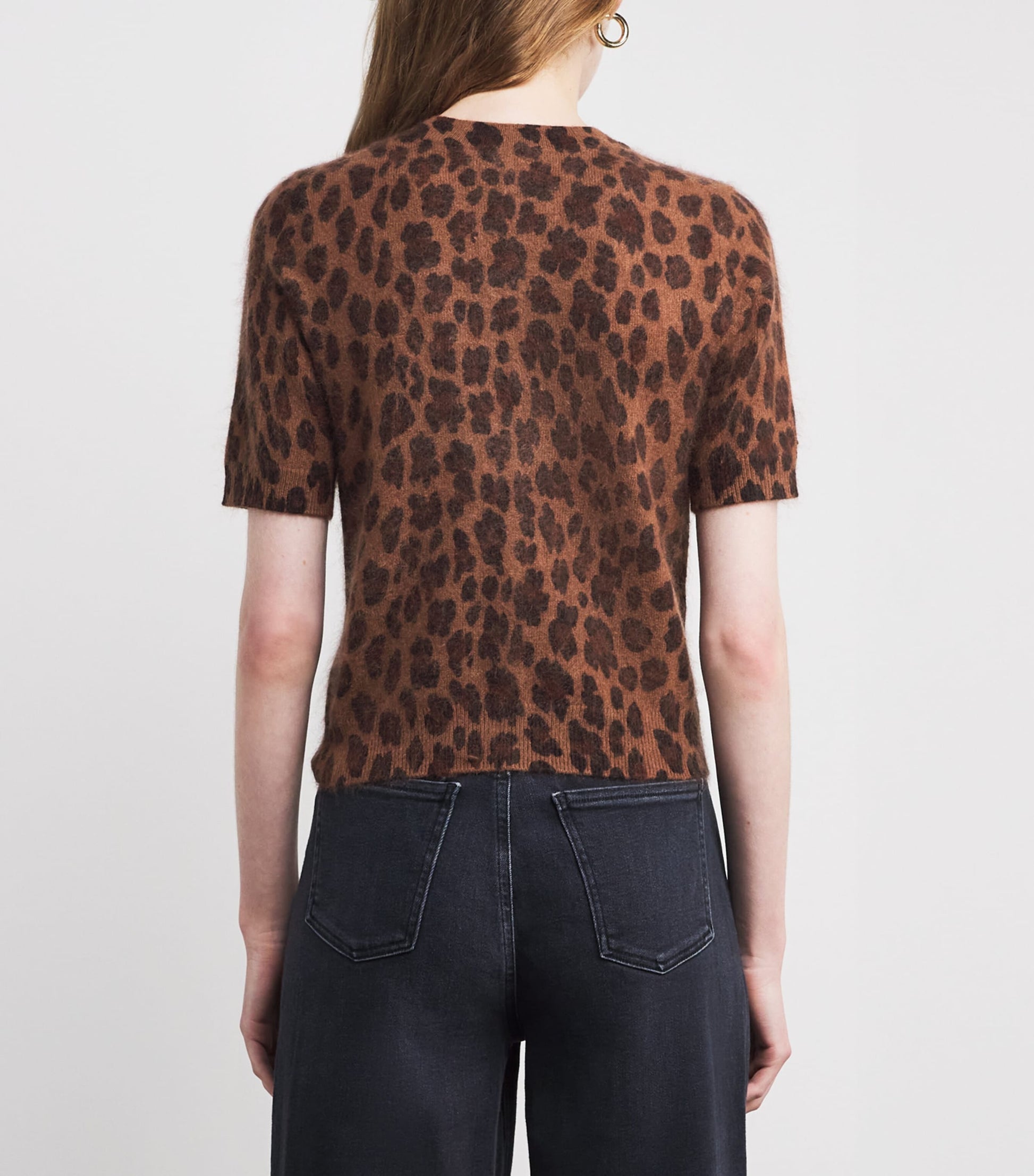 ME+EM Brown Merino Wool-Cashmere Leopard Print T-Shirt