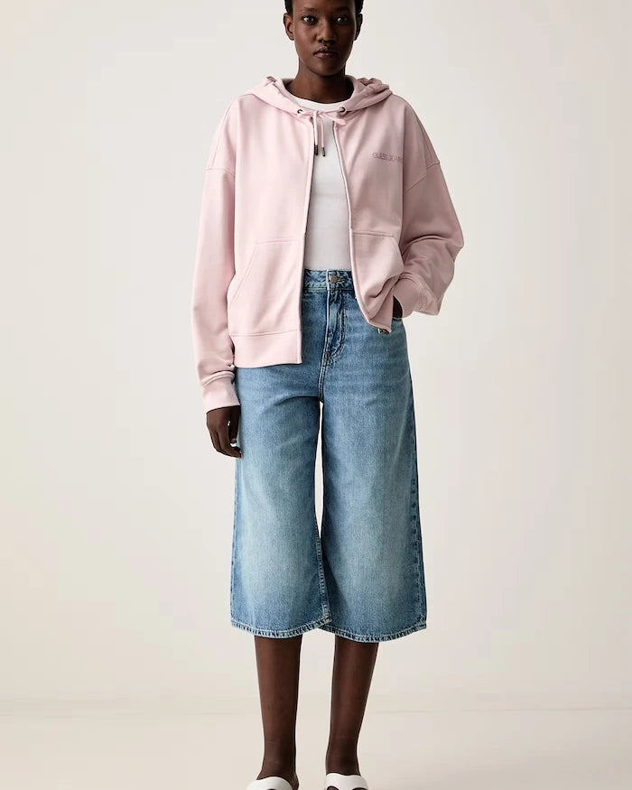 Guess Jeans fermuarlı kapüşonlu kadın pamuklu sweatshirt