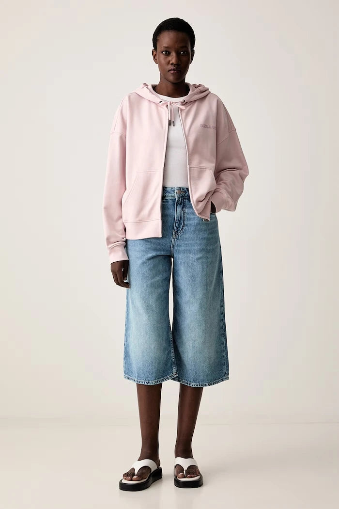 Guess Jeans fermuarlı kapüşonlu kadın pamuklu sweatshirt