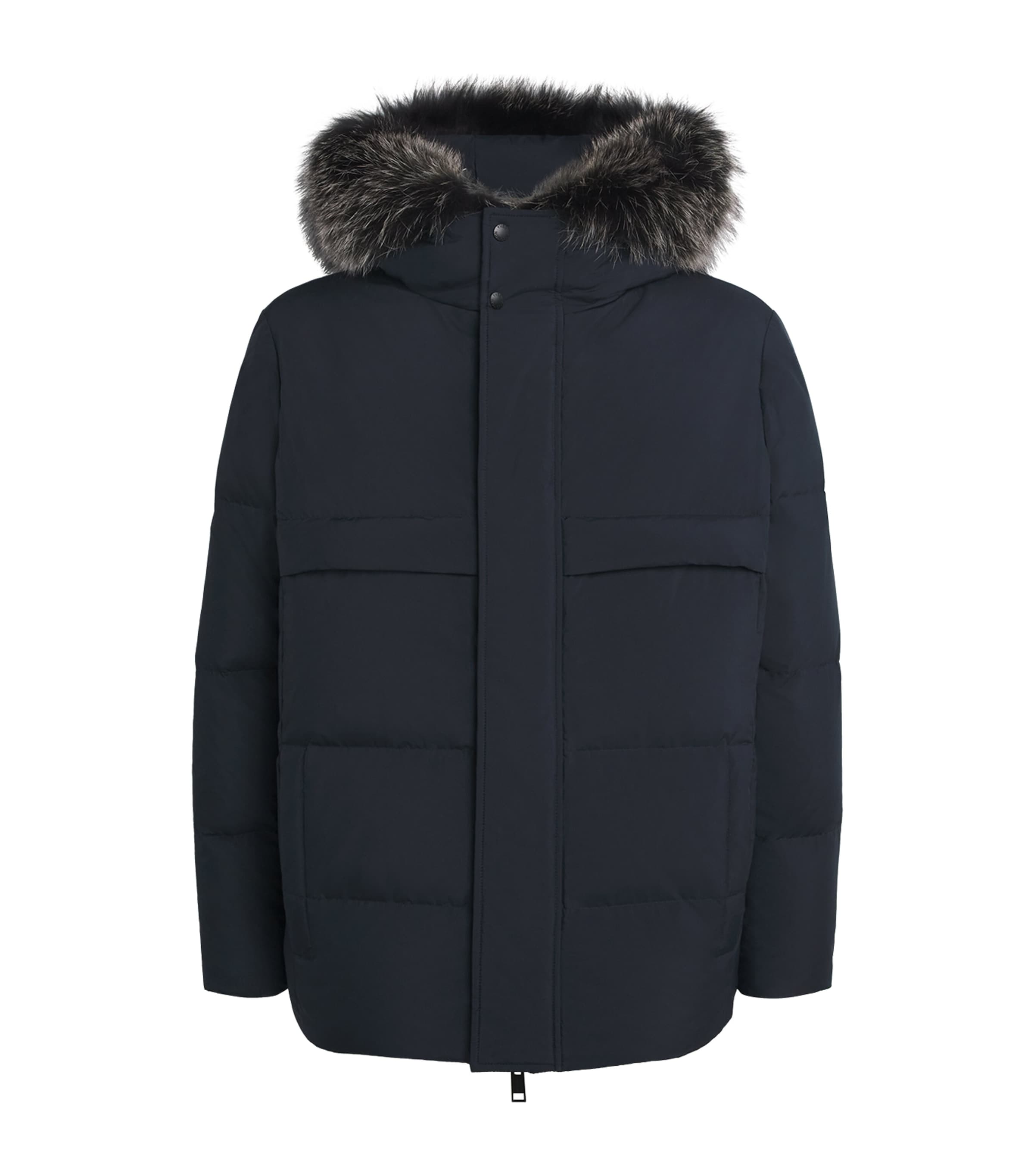 Yves Salomon Navy Down Waterproof Fox Fur-Trim Parka Coat