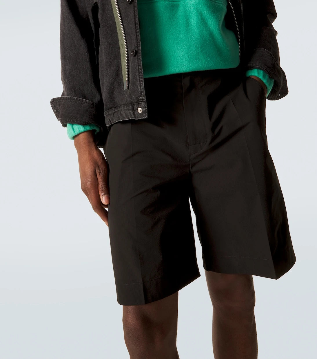 Moncler - Leather-trimmed seersucker shorts