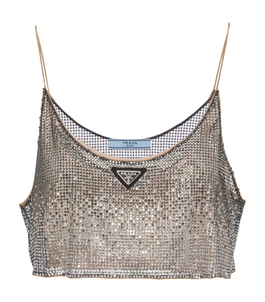 Metallic Rhinestone-Embroidered Mesh Top